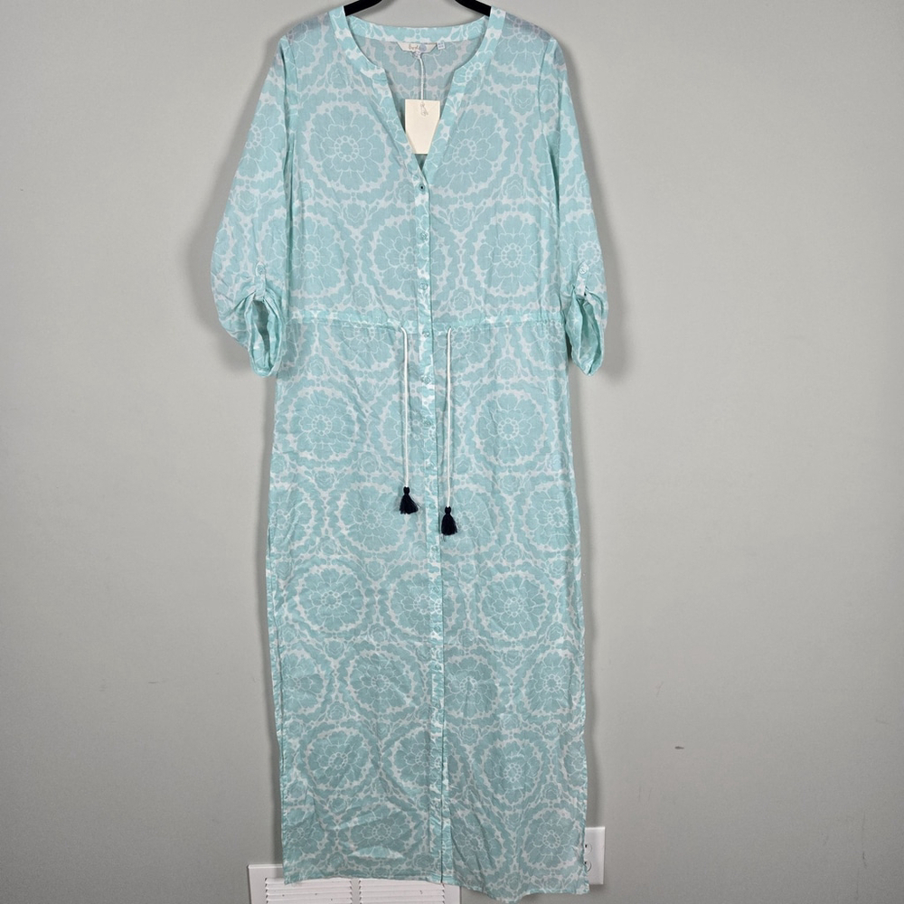 Boden Womens Floral Kaftan Maxi Shirt Dress 6L Blue Cotton Sheer Boho Beachy NWT